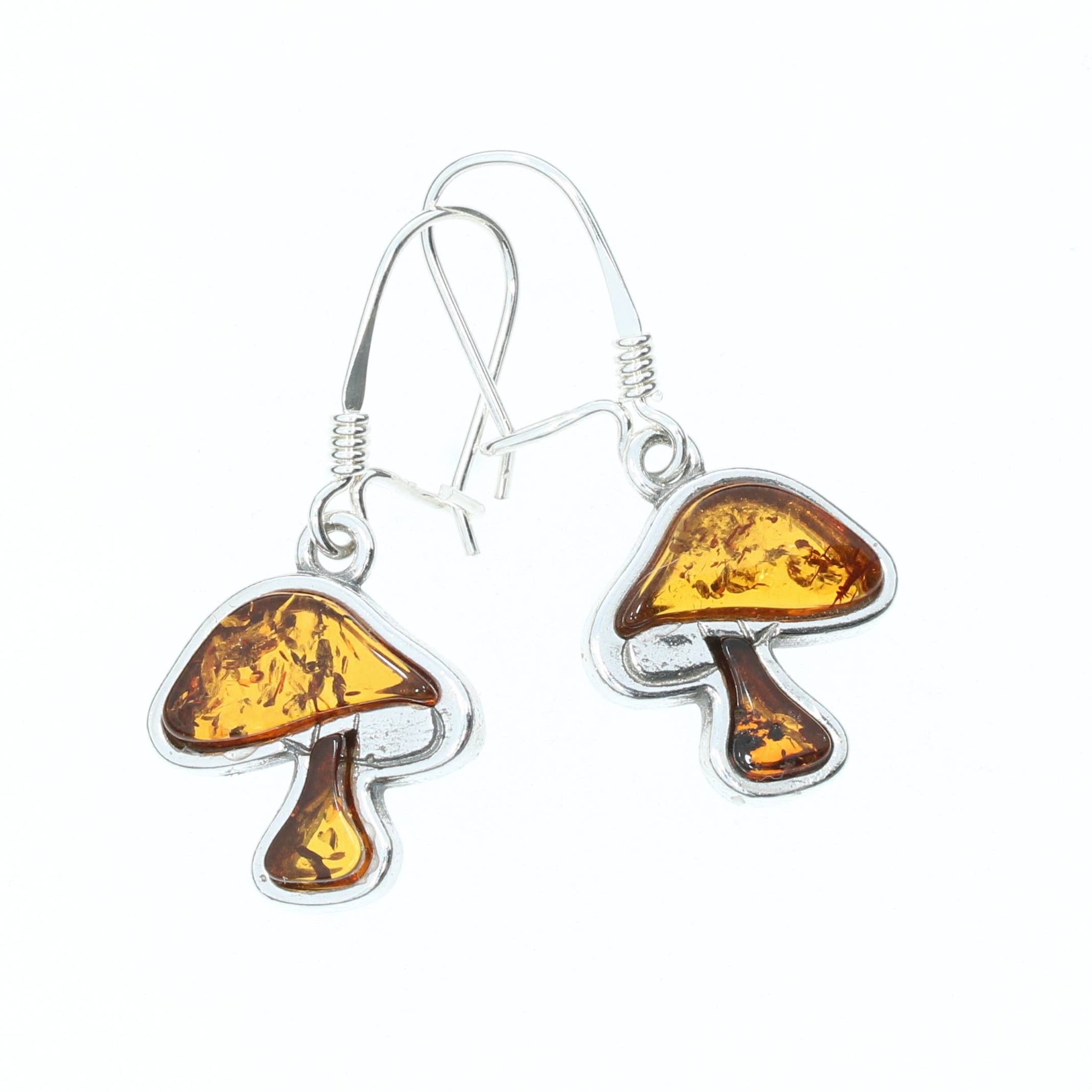 Cognac Amber Sterling Silver Mushroom Earrings On Hooks