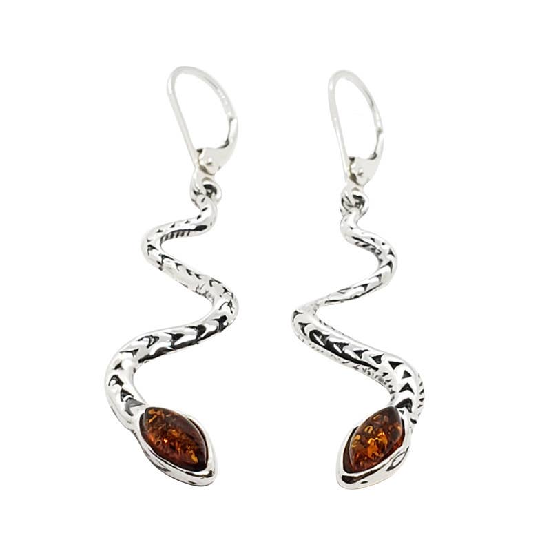 Cognac Amber Sterling Silver Snake Dangle Earrings