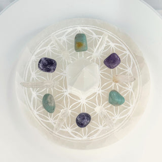 Crystal Grid Set for Calm, top view, Flower of Life selenite plate with lepidolite, amazonite and Lemurian quartz points