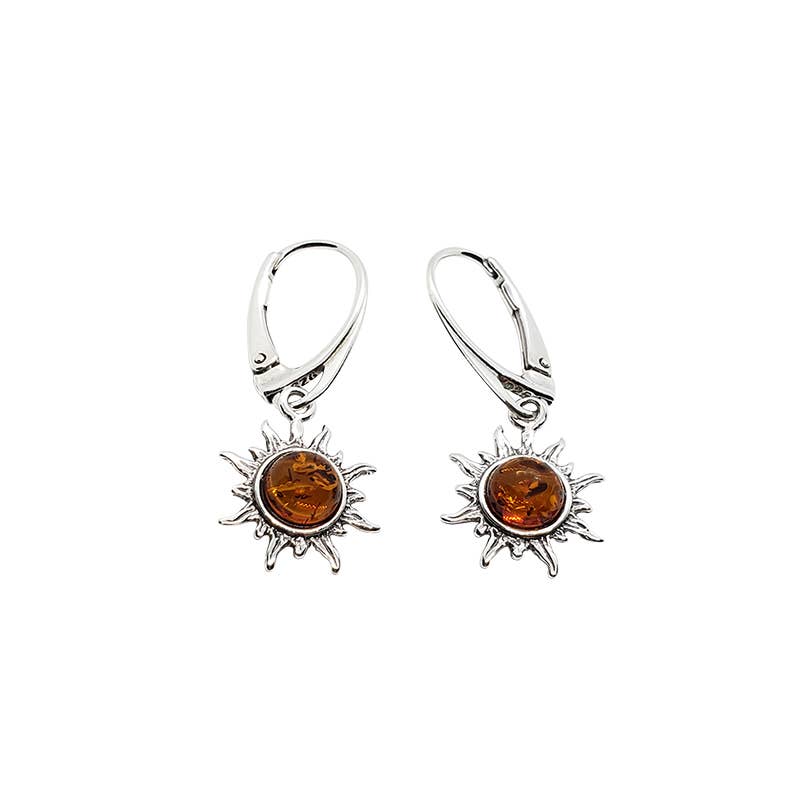 Cognac Amber Sterling Silver Sun Dangle Earrings