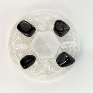 Mini Crystal Grid Set for Protection, top view, Flower of Life selenite plate with gold sheen obsidian, shungite and Lemurian quartz points