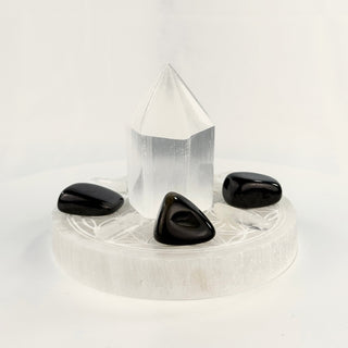 Mini Crystal Grid Set for Protection, side view, selenite tower centered on the Flower of Life plate with gold sheen obsidian, shungite and Lemurian quartz points