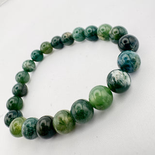 Detail view of Moss Agate Bracelet 8mm Jewelry - Bracelet at Mind's Eye Mystics