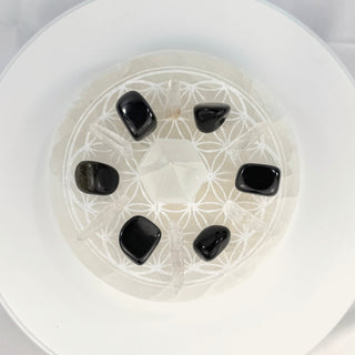 Crystal Grid Set for Protection, top view, Flower of Life selenite plate with gold sheen obsidian, shungite and Lemurian quartz points