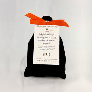 Trick or Treasure: Night Watch mystery bag with its theme tag